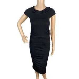 NWT Celine $925 Vtg Y2K Black Ruched Draped Back Avant Garde Midi Dress SZ L